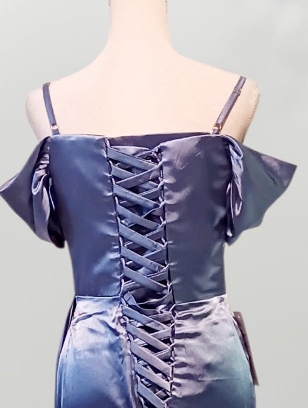 Elegant Blue Off-Shoulder Satin Evening Gown Ruched Skirt & A Ribbon Tie Back XS - Picture 5 of 7